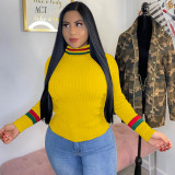 SC Plus Size Striped High Collar Knitted Pullover Tops QY-5143