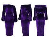 SC Sexy Velvet Slash Neck Long Sleeve Midi Dresses ASL-6091