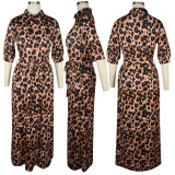 Leopard Print Half Sleeve Buttons Maxi Dress TE-3893