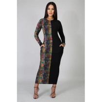 SC Snake Skin Print Patchwork Long Sleeve Maxi Dress ASL-6217