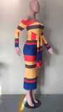 SC Colorful Stripe Slash Neck Long Sleeves Maxi Dress OD-8323