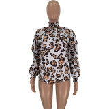 SC Leopard Print High Collar Long Sleeves Chiffon Tops FNN-8345
