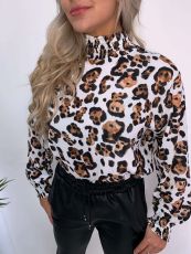 SC Leopard Print High Collar Long Sleeves Chiffon Tops FNN-8345