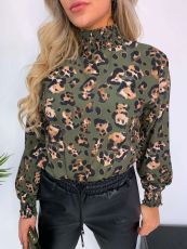 SC Leopard Print High Collar Long Sleeves Chiffon Tops FNN-8345