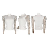 Plus Size Mesh Sequin Patchwork Long Sleeves Tops YIS-841