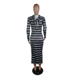 SC Casual Striped Hooded Long Sleeve Maxi Dress YM-9188