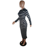 SC Casual Striped Hooded Long Sleeve Maxi Dress YM-9188