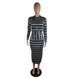 SC Casual Striped Hooded Long Sleeve Maxi Dress YM-9188