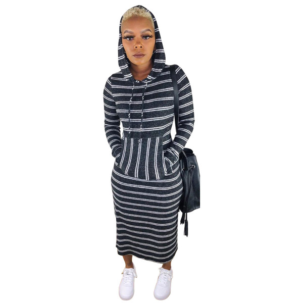 SC Casual Striped Hooded Long Sleeve Maxi Dress YM-9188