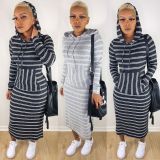 SC Casual Striped Hooded Long Sleeve Maxi Dress YM-9188