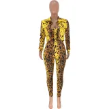 SC Leopard Print Short Jacket Strap Jumpsuits 2 Piece Sets AWN-5081