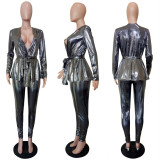 SC Shiny Deep V Top And Pants 2 Piece Sets With Belt LSL-6332