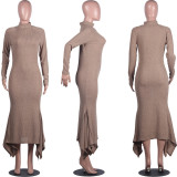 SC Solid Knitted Long Sleeve Irregular Maxi Dresses MIL-067