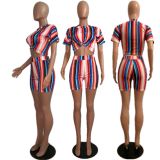 SC Colorful Stripe Crop And Shorts 2 Piece Sets MDF-5061