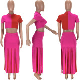 SC Color Spliced Tassel Short Sleeve Long Skirt Sets MN-9229