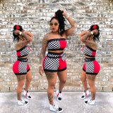 SC Plaid Patchwork Tube Top And Shorts 2 Piece Sets YN-982-2