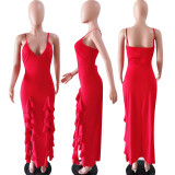 SC Red Ruffled High Split Spaghetti Strap Long Dress YD-8005