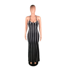 SC Sexy Striped Cross Strap Backless Maxi Dress BS-1058
