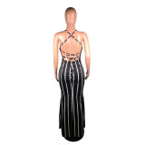 SC Sexy Striped Cross Strap Backless Maxi Dress BS-1058