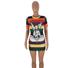 SC Plus Size Rainbow Stripe Sequin Rabbit Printed Mini Dress FNN-8203