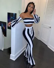 SC Flare Sleeve Top + Flare Pants Striped Two Piece Set HMS-5256