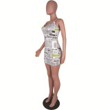 SC Newspaper Print Adjustable Strap Slim Mini Dress LUO-3017