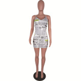 SC Newspaper Print Adjustable Strap Slim Mini Dress LUO-3017