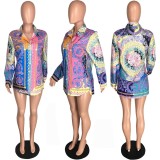 SC Plus Size Printed Turn Down Collar Full Sleeve Blouse Tops  (Without Belt ) PIN-8224