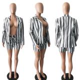 SC Plus Size Striped Blazer Coat Shorts 2 Piece Sets LSD-8140
