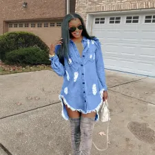 SC Casual Ripped Hole Tassel Denim Shirt Dress OD-8217