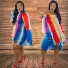 SC Plus Size Rainbow Stripe Slash Neck Loose Dress HM-6079