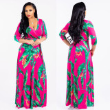 Plus Size Floral Print V Neck Long Maxi Dress NK-8193