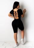 SC Solid Backless Lace Up Short Sleeve Playsuit XYKF-9192