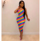 SC Colorful Stripe Strapless Bodycon Midi Tube Dress YIY-5149