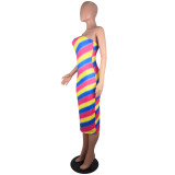 SC Colorful Stripe Strapless Bodycon Midi Tube Dress YIY-5149