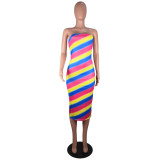 SC Colorful Stripe Strapless Bodycon Midi Tube Dress YIY-5149