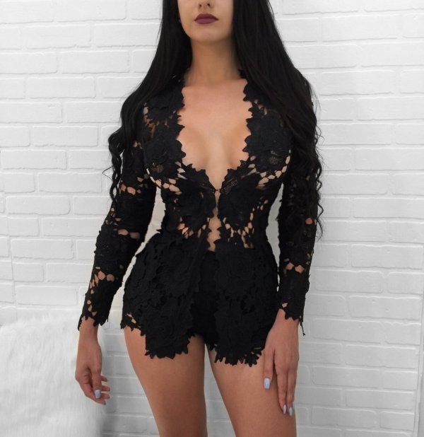 Sexy Lace Long Sleeve Two Piece Shorts Set TE-3179