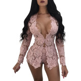 Sexy Lace Long Sleeve Two Piece Shorts Set TE-3179
