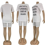 SC Letter Print T Shirt Shorts Casual 2 Piece Sets FNN-8360