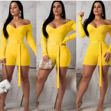 SC Solid Ribbed Slash Neck Sashes Bodycon Rompers ARM-8118