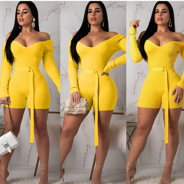 SC Solid Ribbed Slash Neck Sashes Bodycon Rompers ARM-8118