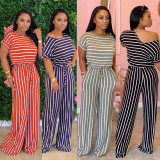 Plus Size Loose Striped Short Sleeve Jumpsuits CL-6042-1