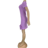 Solid Short Sleeve Bow Tie Slim Mini Dress FNN-8361