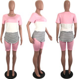 SC Plus Size Casual Striped T Shirt And Shorts Set LUO-3054