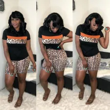 SC Plus Size Leopard Patchwork Short Sleeve 2 Piece Set LP-6193
