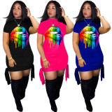 SC Plus Size Casual Lips Print Short Sleeve Mini Dress LM-8136