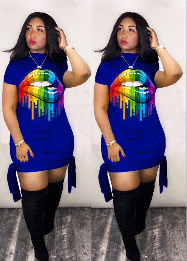 SC Plus Size Casual Lips Print Short Sleeve Mini Dress LM-8136