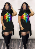 SC Plus Size Casual Lips Print Short Sleeve Mini Dress LM-8136