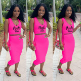 SC Pink Letter Print Tank Top And Skirt 2 Piece Sets SHD-9224
