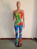 SC Coloful Printed Ruched Skinny Strap Jumpsuits JH-143-1
